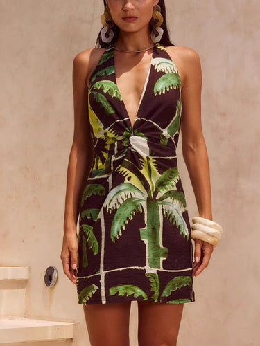 Femme Halter Neck Palm Print Mini Kjole Stilla