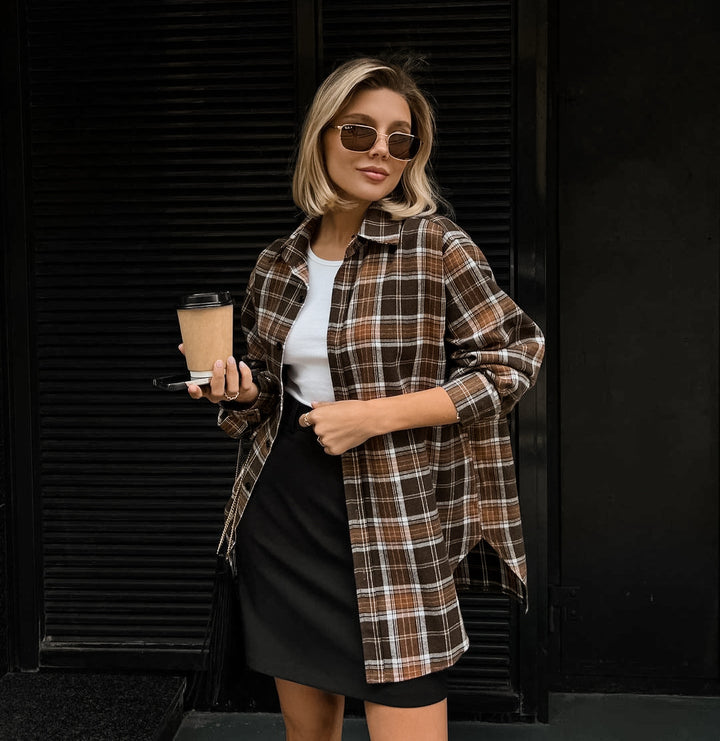 Dame flannel overshirt med moderne ternet mønster og casual snit Stilla