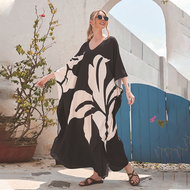 Dame Maxi-Kaftan med blomsterdesign og V-udskæring Stilla