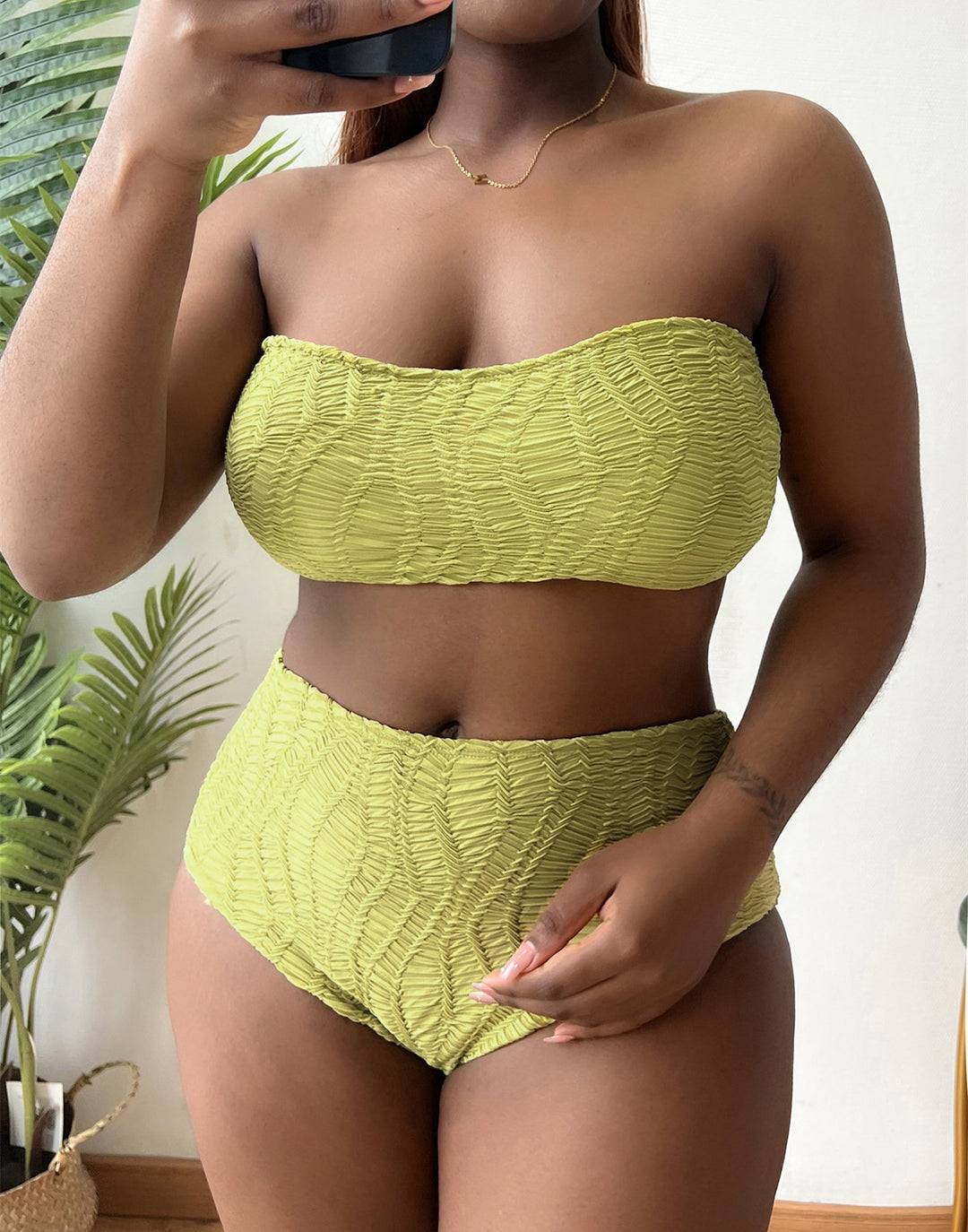 Dame højtaljet bustier bikini sæt med rynke-design Skovae