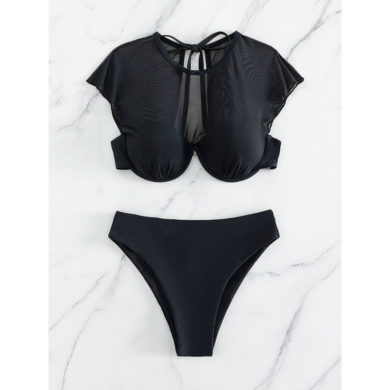 Dame bikini top med gennemsigtige ærmer og højt skåret linning Skovae