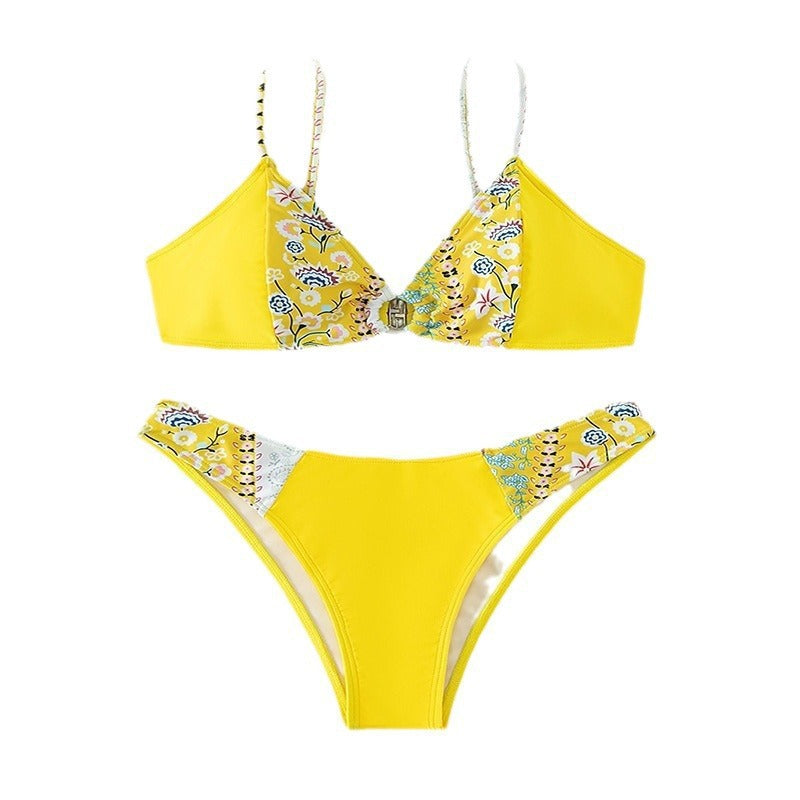 Dame Højt skåret trekant-bikini med blomsterapplikationer og knapdetalje Skovae