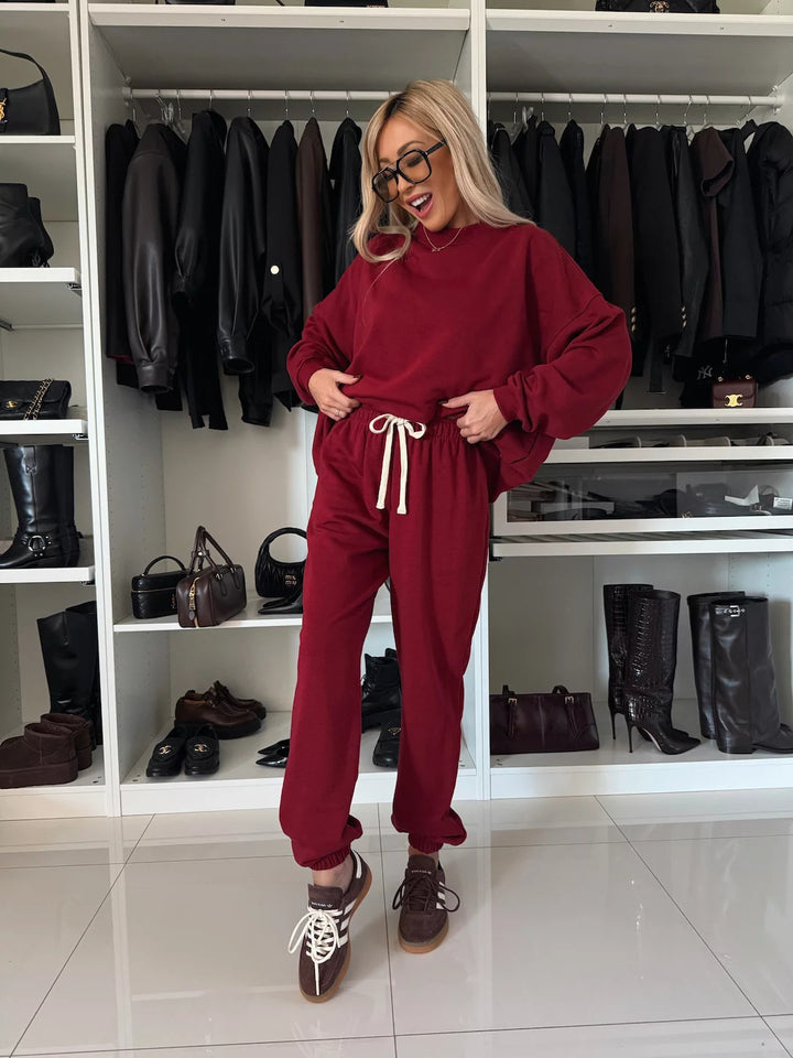 Kvinders stilfulde fleece loungewear sæt med løs pasform og elastisk talje Skovae