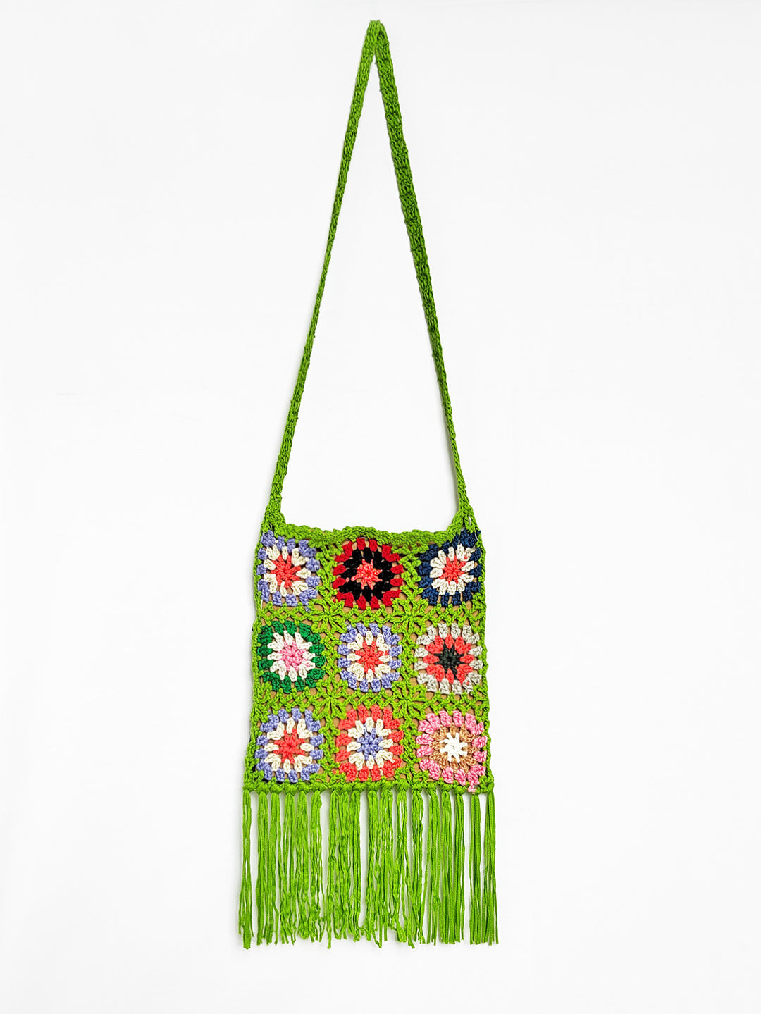 Dame hækle-håndtaske med frynset design og farverigt blomster mønster Stilla