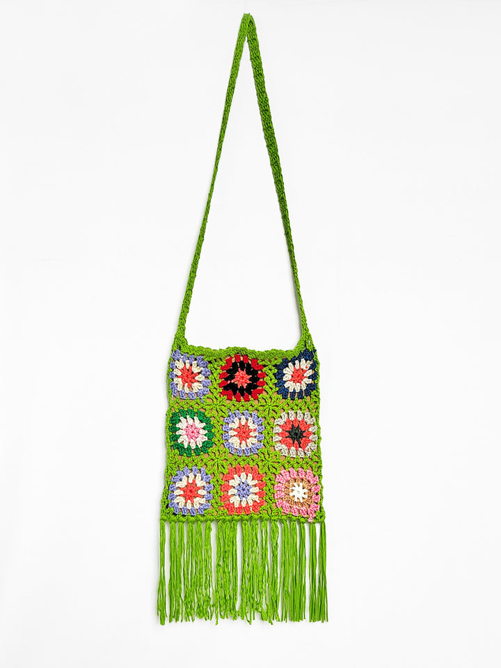 Dame hækle-håndtaske med frynset design og farverigt blomster mønster Stilla