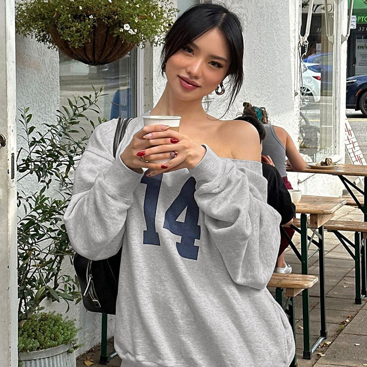 Dame Off-Shoulder Sweatshirt med sporty tryk og afslappet snit Stilla