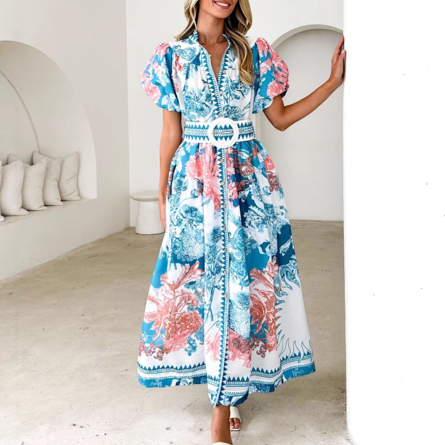 Kvinder Elegant Maxi Kjole med Blomster Mønstre og Voluminøse Ærmer Stilla