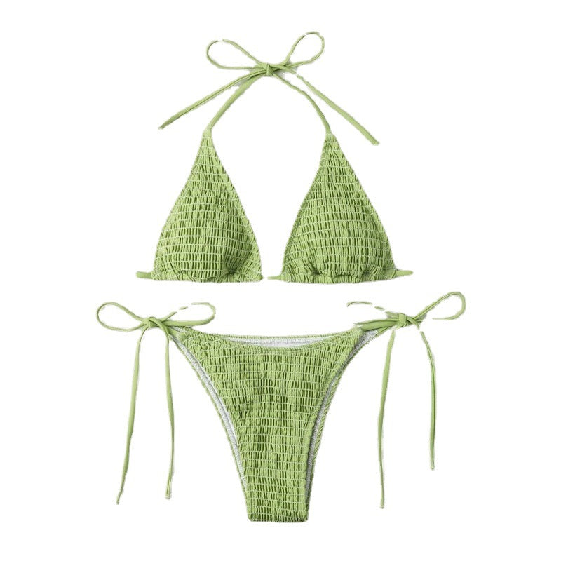 Dame triangel-bikini med fine rynker og sideløbende bindebånd Skovae