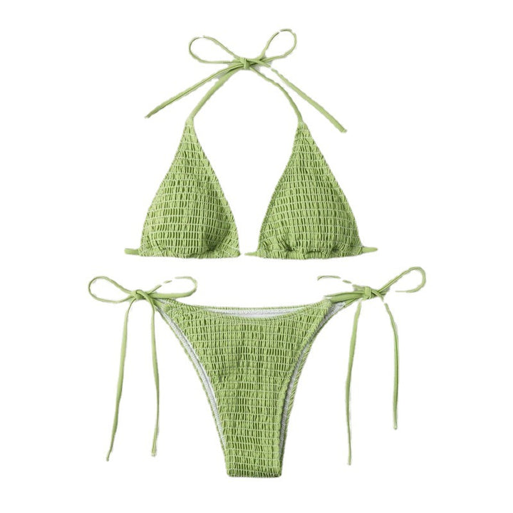 Dame triangel-bikini med fine rynker og sideløbende bindebånd Skovae