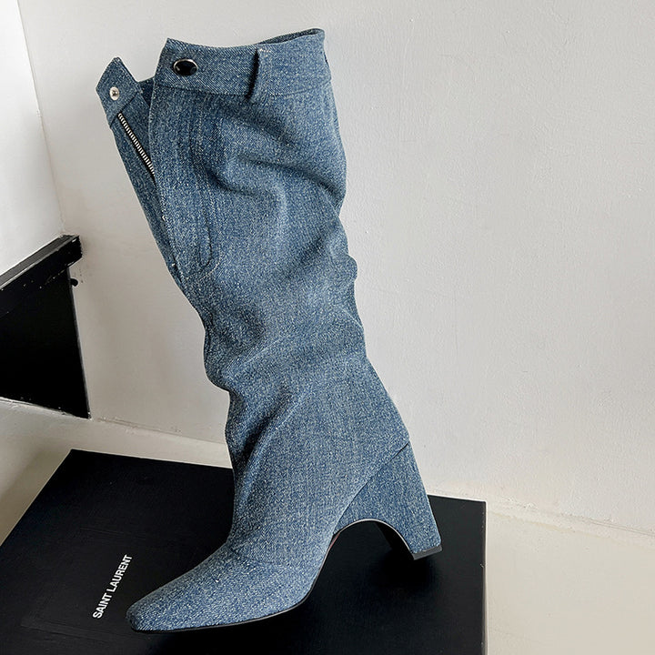 Femme Slouchy Denim Lårhøje Stiletto Støvler Stilla