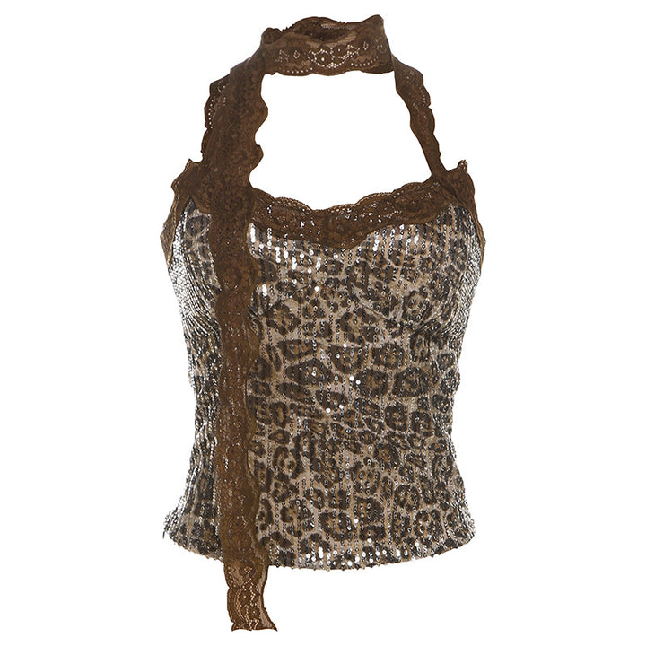 Dame Glitrende Leopard-Bustier-Top med Rüschendetaljer og justerbar bøjle Stilla