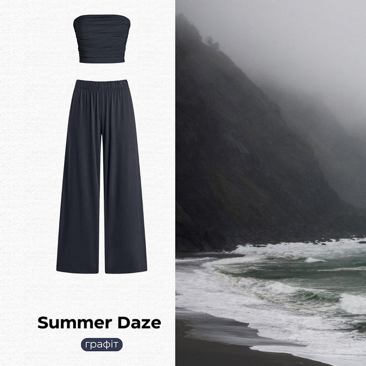 Dame Casual To-dels Sæt i flydende stof med off-shoulder top og vide bukser Stilla