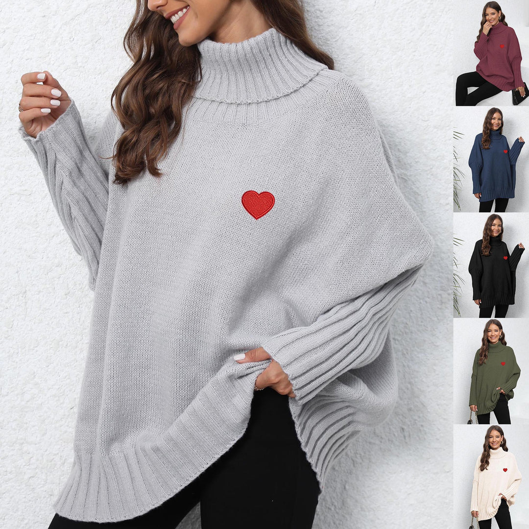 Dame Oversized Turtleneck Sweater med hjerteformet applikation og strikket mønster Stilla