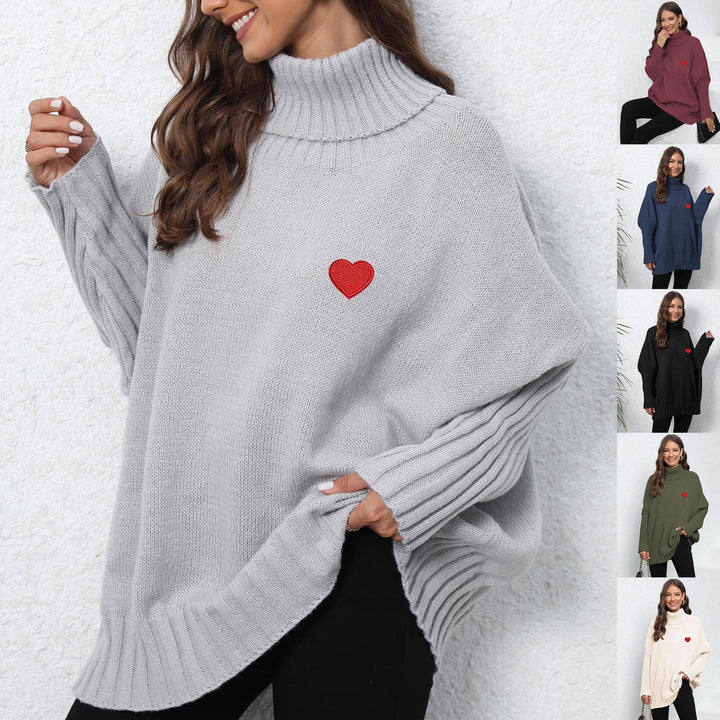 Dame Oversized Turtleneck Sweater med hjerteformet applikation og strikket mønster Stilla