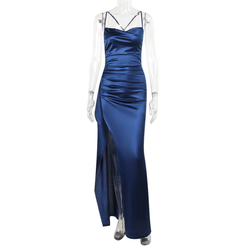 Dame elegant satin kjole med dyb slids og justerbare spaghetti stropper Skovae