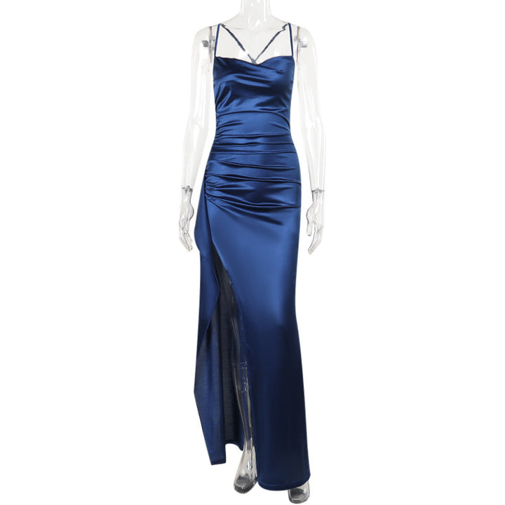 Dame elegant satin kjole med dyb slids og justerbare spaghetti stropper Skovae