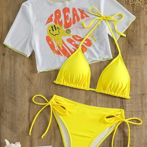 Dame bikini sæt med trendy crop top og muntert motiv Stilla