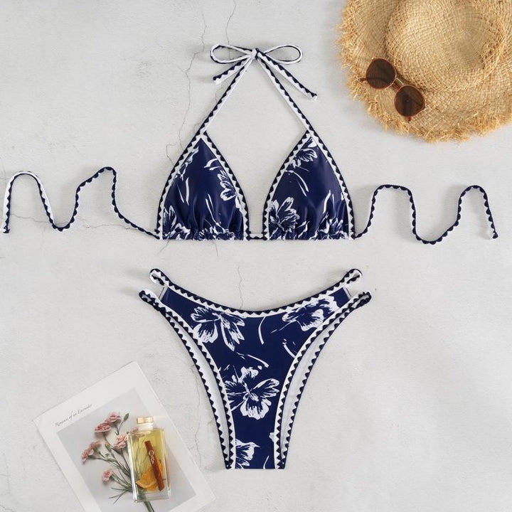 Dame triangel-bikini med blomsterdesign og justerbare stropper Skovae