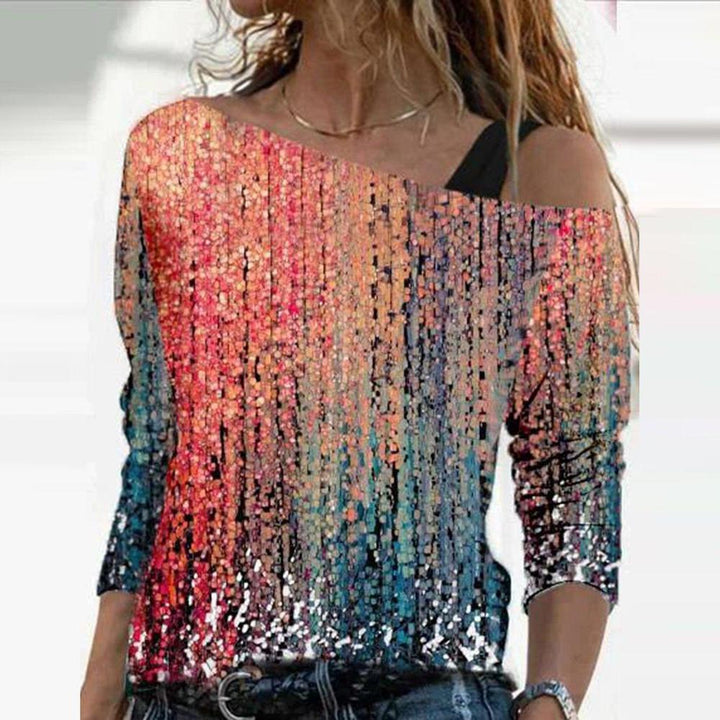 Stilla | Trendy Marmorprint Off-Shoulder Mellemlang Ærme Tee