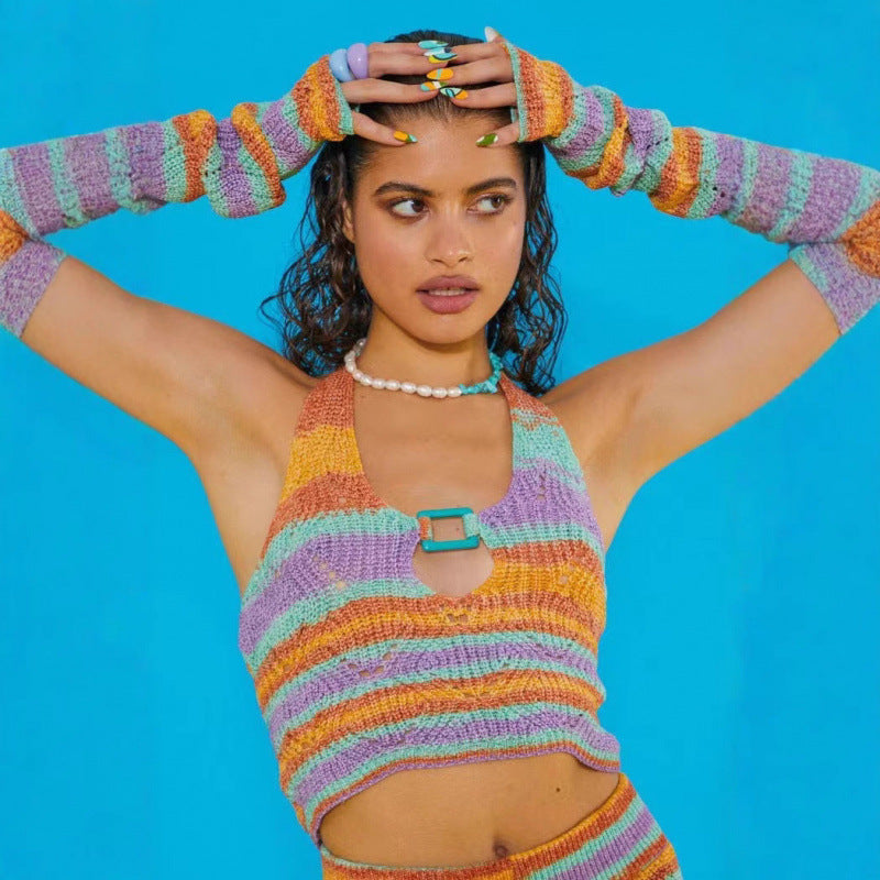 Kvinder Farverigt Strikket Crop Top og Shorts Sæt Stilla