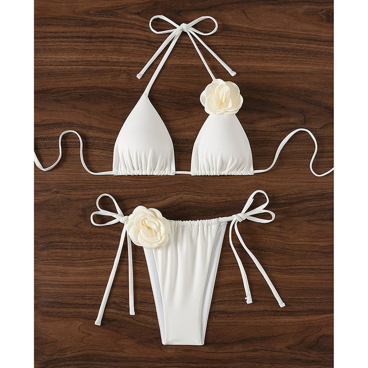 Dame triangulær bikini med flettet ruffles design og blomst detalje Skovae