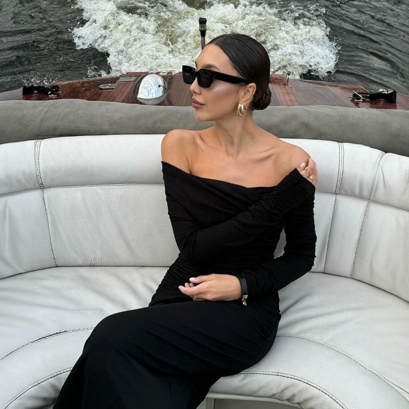 Dame Elegant Off-Shoulder-Maxikjole med rynket design Stilla