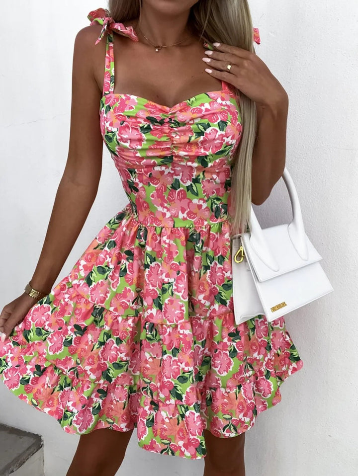 Dame Floral A-line Mini Kjole med Volang Kant Stilla