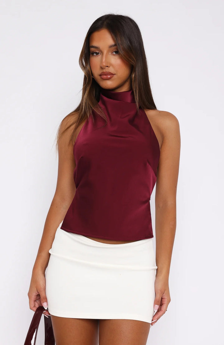 Dame Elegant Højhalset Top i Satin Skovae