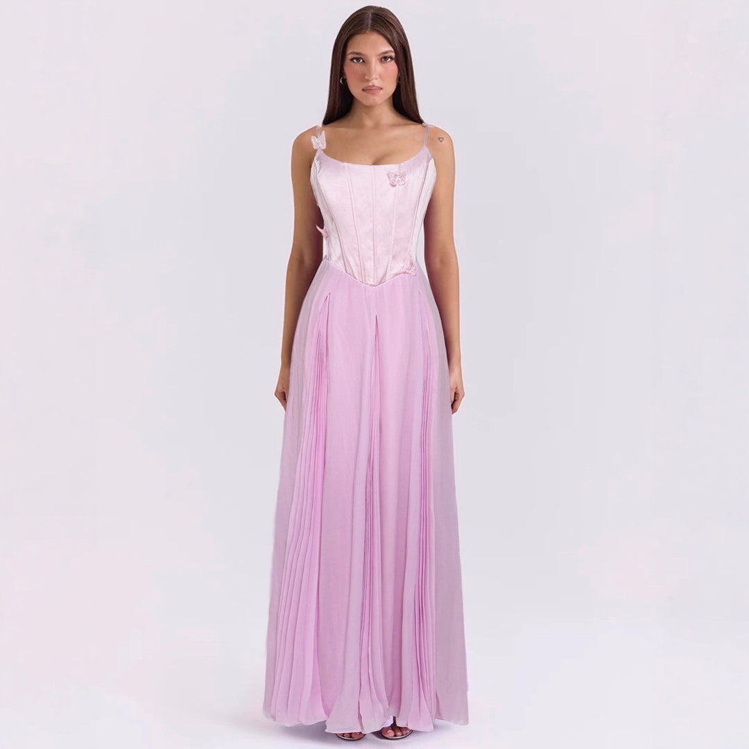 Dame nan figursyet korsett-maxikjole med sommerfuglstropper og plisseret chiffon nederdel Skovae