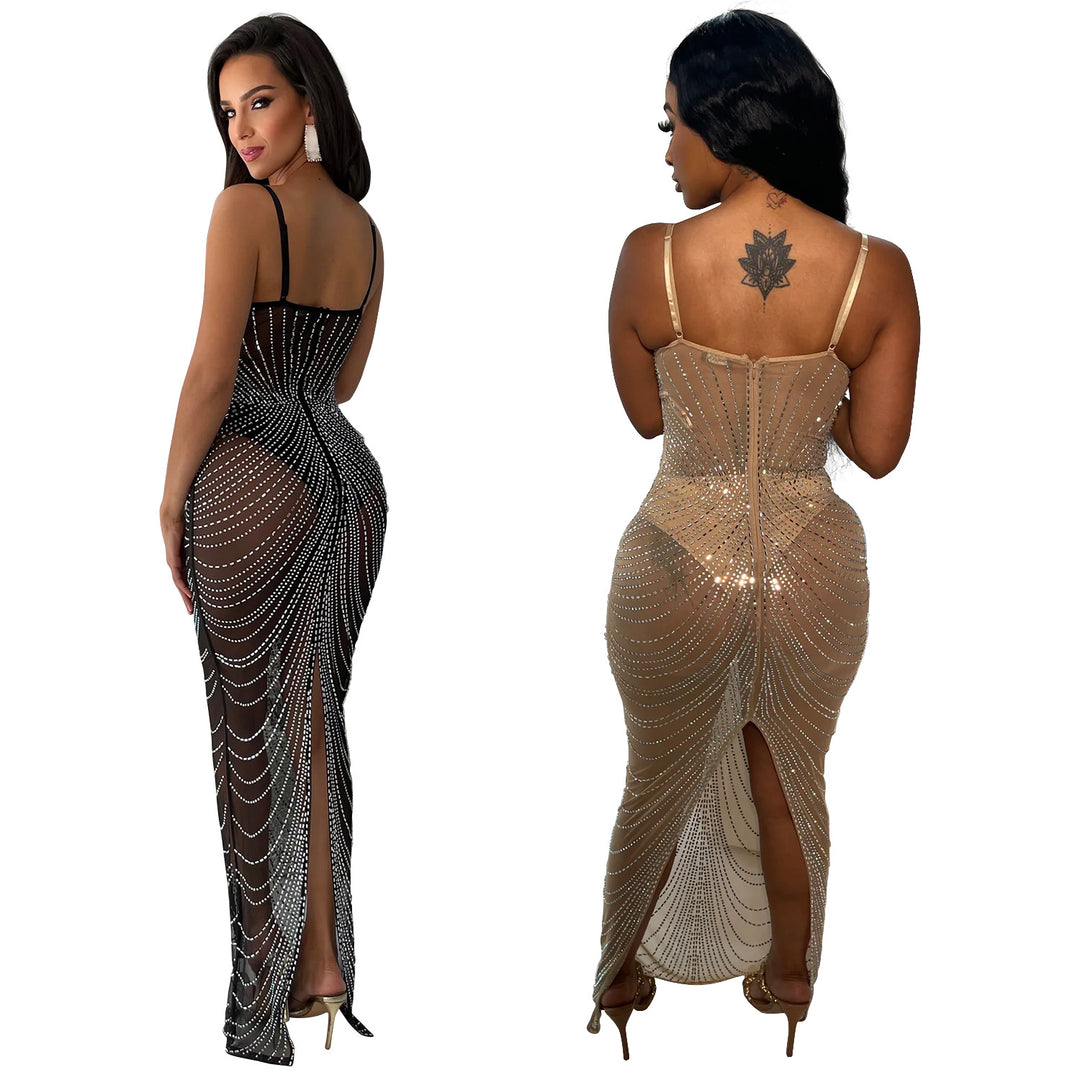 Dame Elegant Rhinestone Besat Aftenkjole med dyb Udsnit og figursyet Snit Stilla