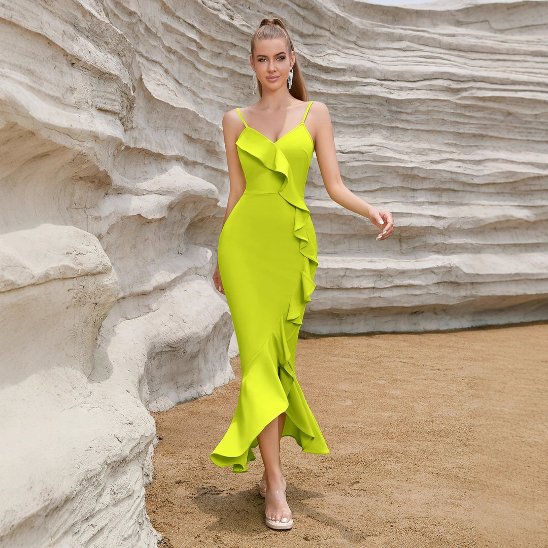 Kvinders sexet maxikjole med flæser og høj slids Stilla