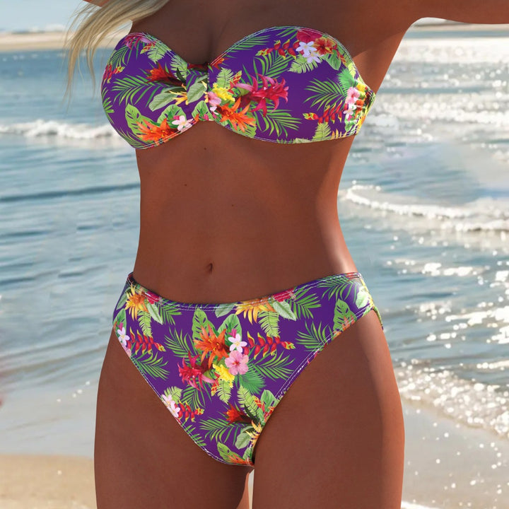 Dame bandeau bikini sæt med blomsterdesign og høj talje