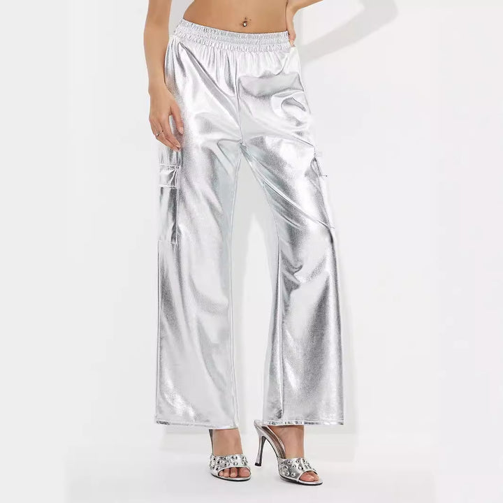 Kvinders cargo bukser i skinnende metallic look med elastisk talje Stilla