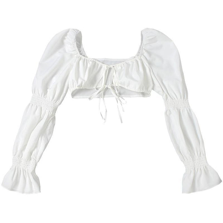 Dame Cropped Bluse med Puffærmer og Rynk Stilla