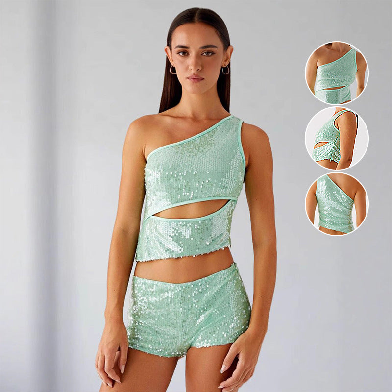 Kvinders glitrende top og shorts sæt Skovae