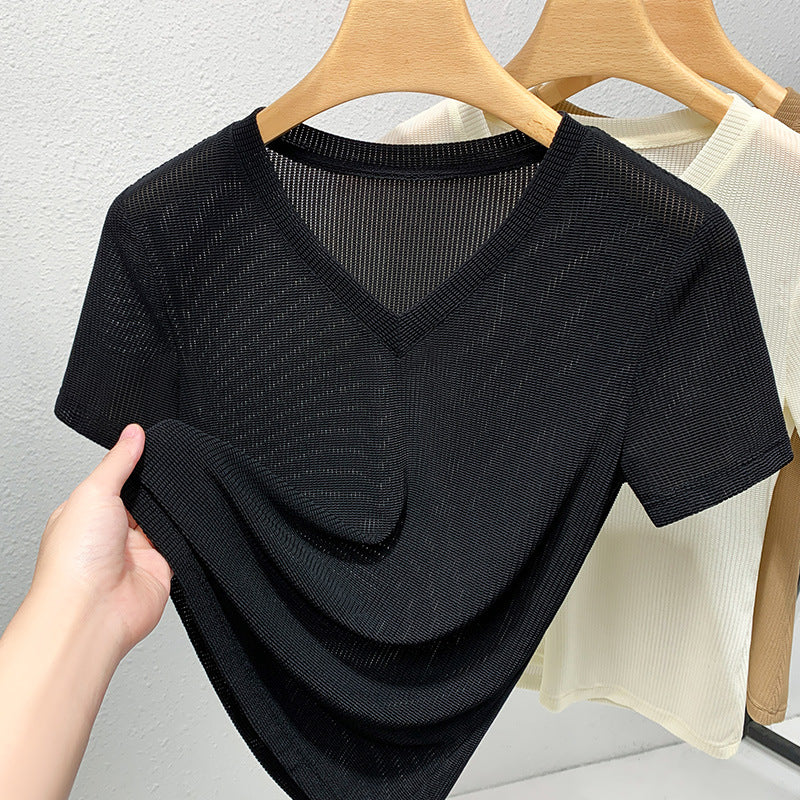 Dame V-hals T-shirt med struktureret stof Stilla