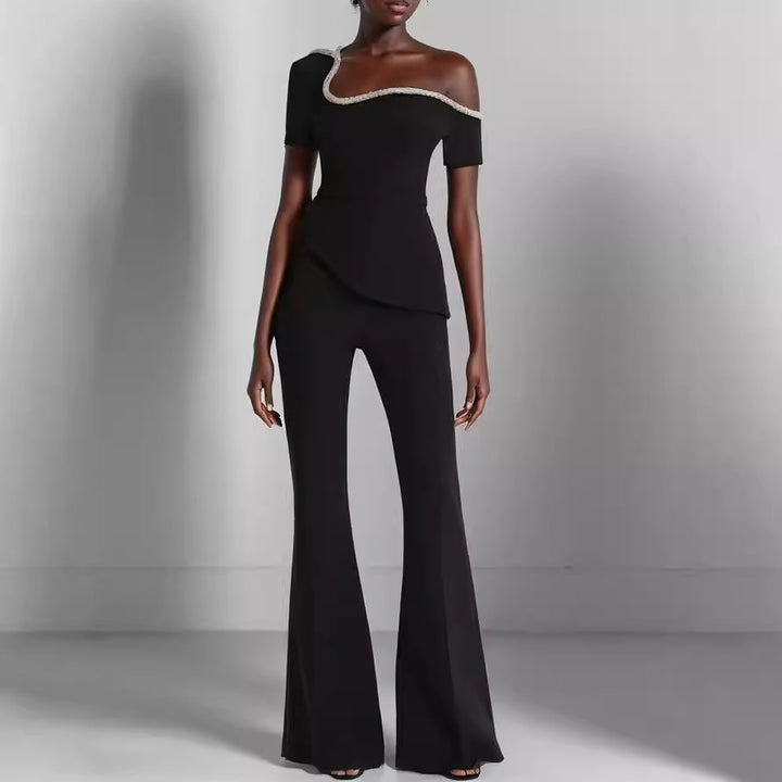 Dame off-shoulder top med raffineret flæse og elegant bukse-sæt Stilla