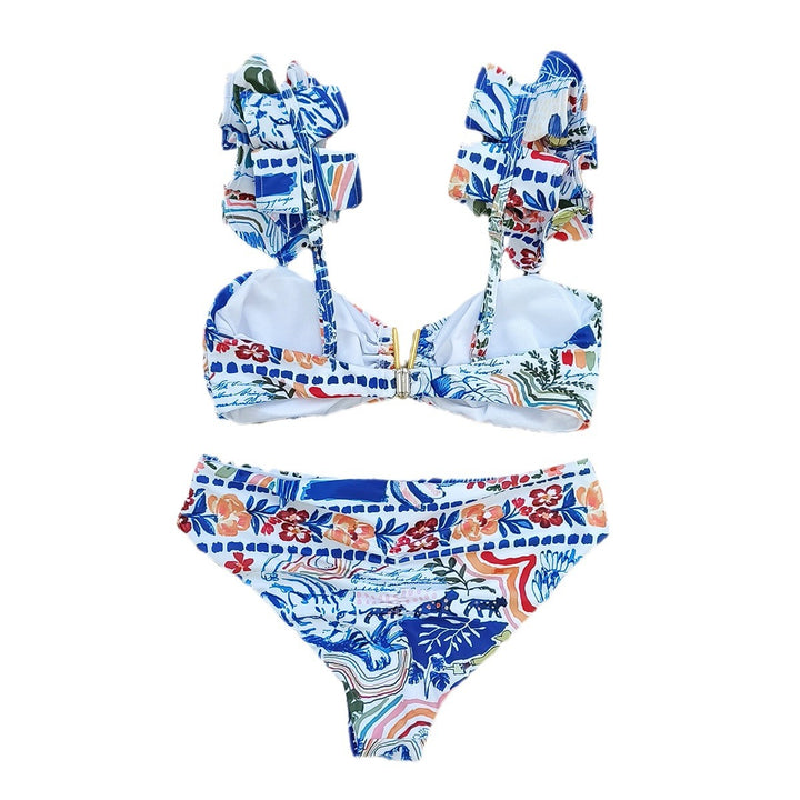 Dame bikini-sæt med voluminøse flæsedetaljer og elegant blomster-design Stilla