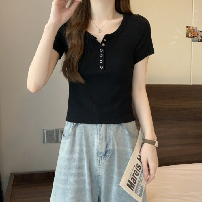 Dame Button-Up Kortærmet Henley Top Stilla