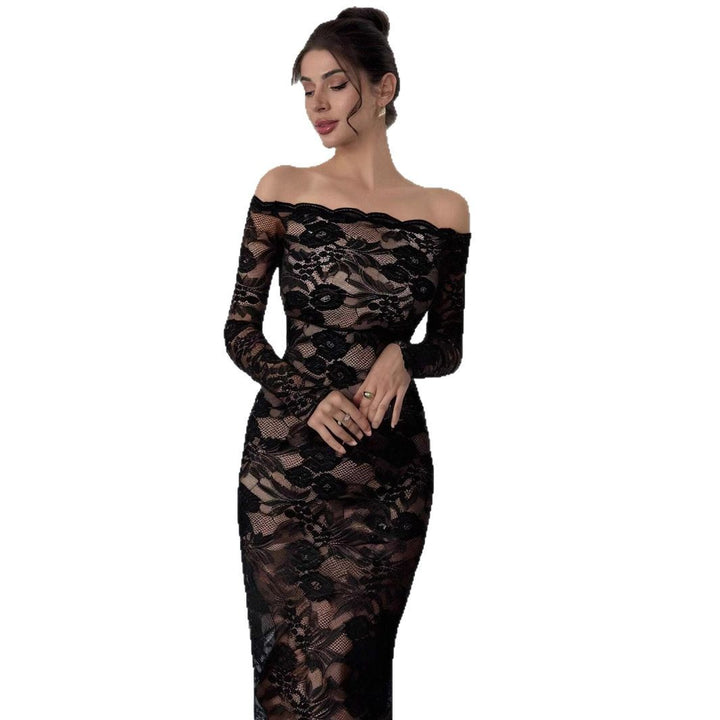 Dame off-shoulder tætsiddende spidsekjole med lange ærmer Skovae