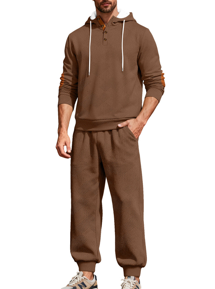 Herre nan struktureret hoodie-jogging sæt med Henley-knapstolpe og kontrast-albue-patches Skovae