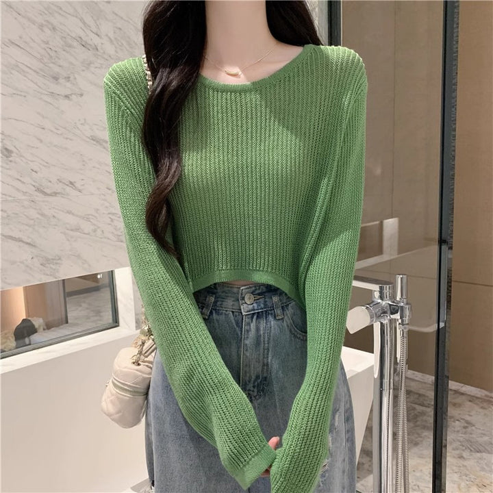 Dame Cropped Striktrøje med Fin Vævning og Casual Skulderområder