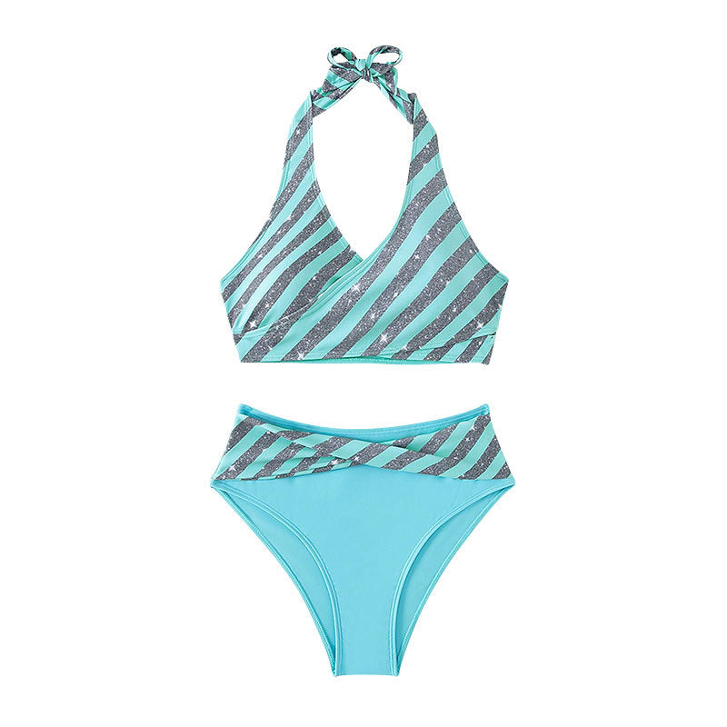 Dame Højskåret Bikini med glitrende Stribedesign Skovae