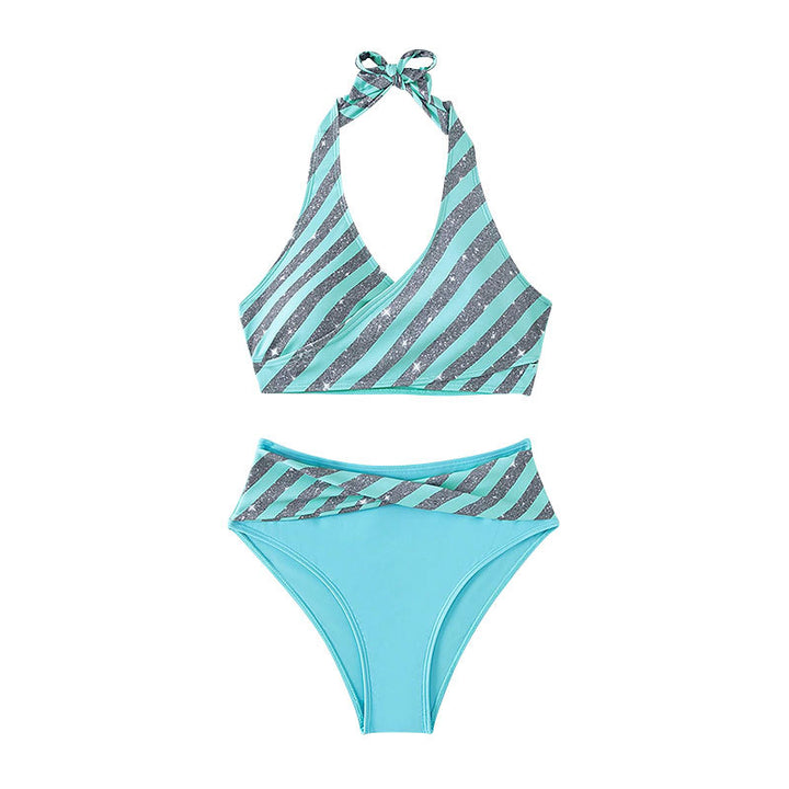 Dame Højskåret Bikini med glitrende Stribedesign Skovae