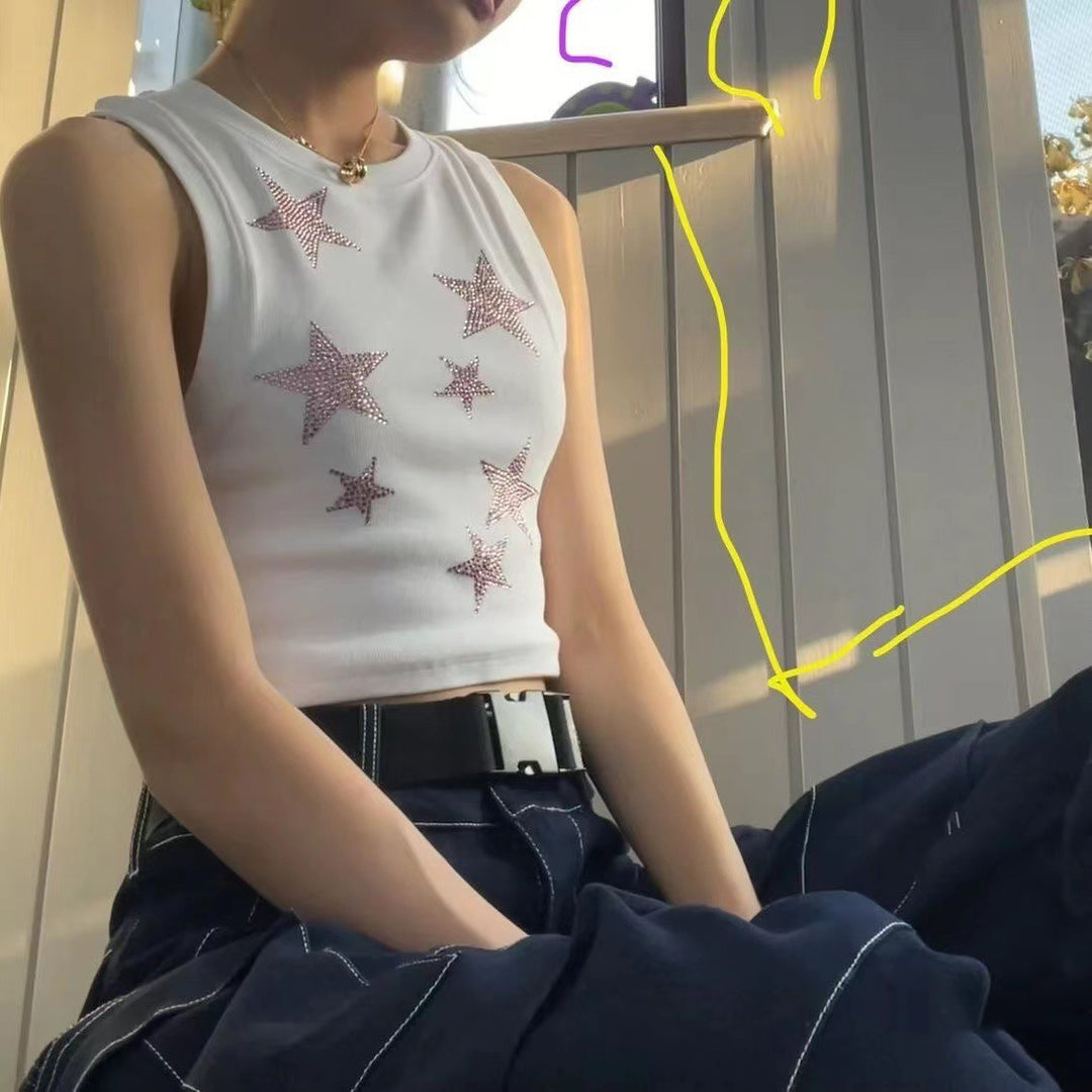 Dame Crop-Top med glitrende stjernemotiv og elastisk skæring Stilla