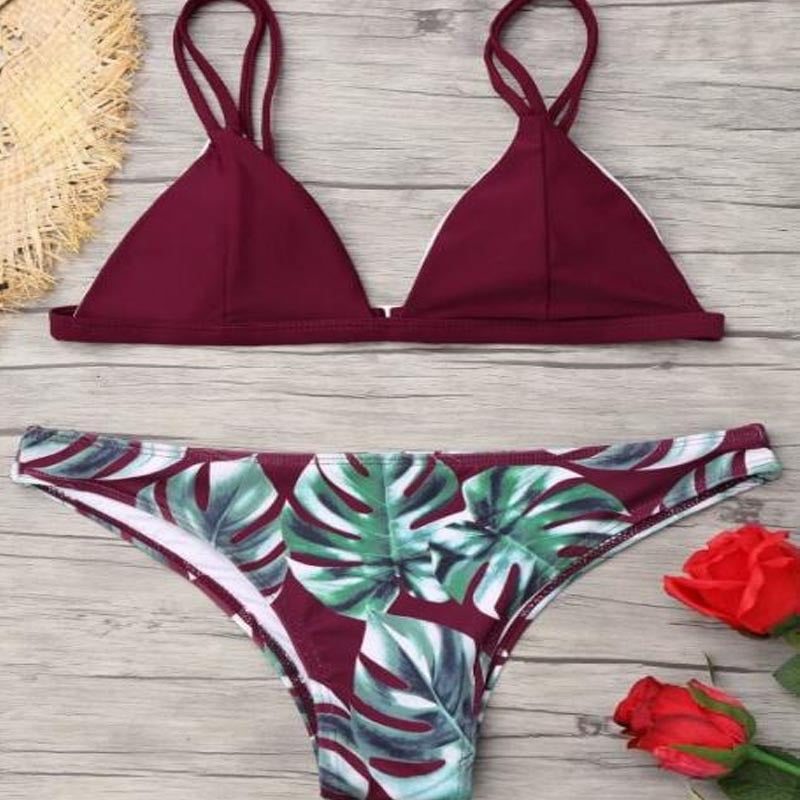 Dame triangel-bikini med trendy bladmønster Skovae