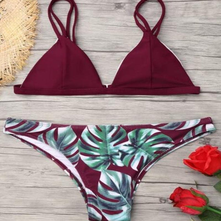 Dame triangel-bikini med trendy bladmønster Skovae
