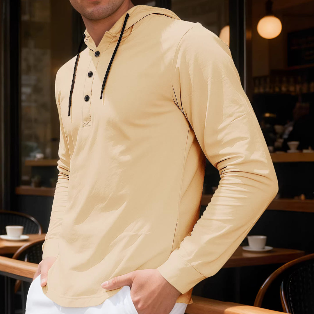 Herrer nan Hætte-Henley Langærmet t-shirt i let stræk jersey med snøre Skovae