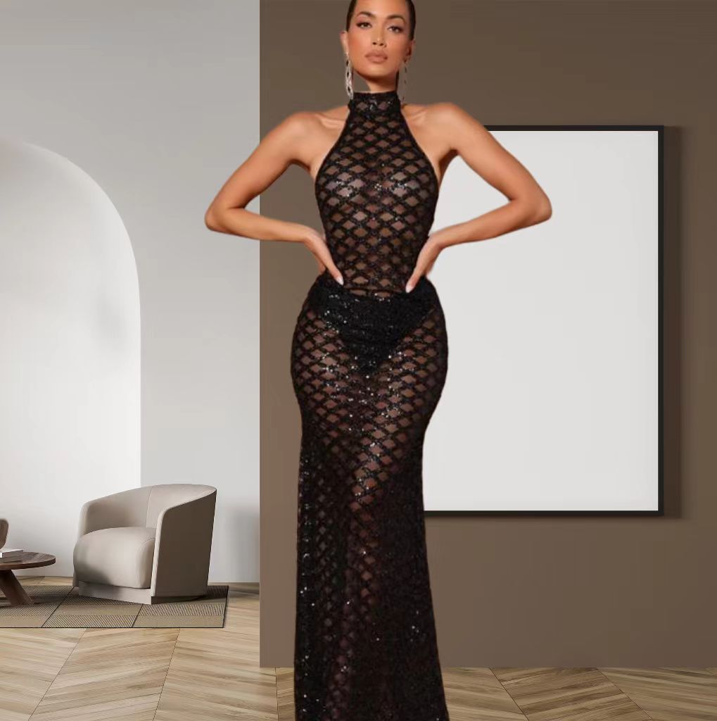 Damer Elegant Aftenkjole i Bodycon Stil med Skinnerende Paillet Trim Skovae