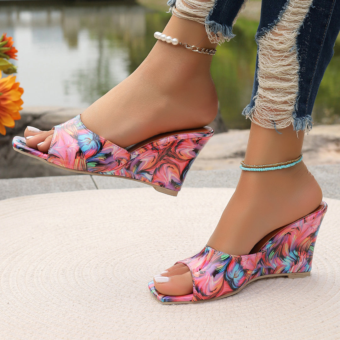 Dame Wedge-Pantoletten med moderne marmor-design og komfortabelt fodsenge Stilla